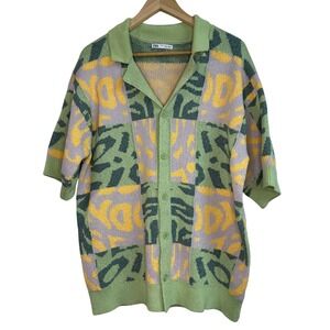 Zara Mens‎ Medium Knit Shirt Cardigan Short Sleeve Button Up Abstract Pattern